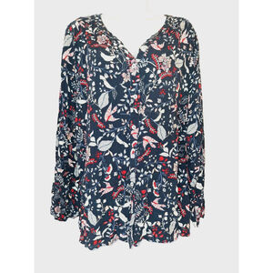 cjbanks sz 3X Navy Red floral button front birds design loose fit blouse
